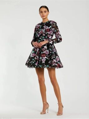 MAC DUGGAL Black High Neck Long Sleeve Sequin A Line Mini Dress - Size 4